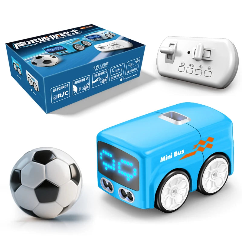 A blue mini bus toy with a screen and wheels is shown next to its remote control and a soccer ball.