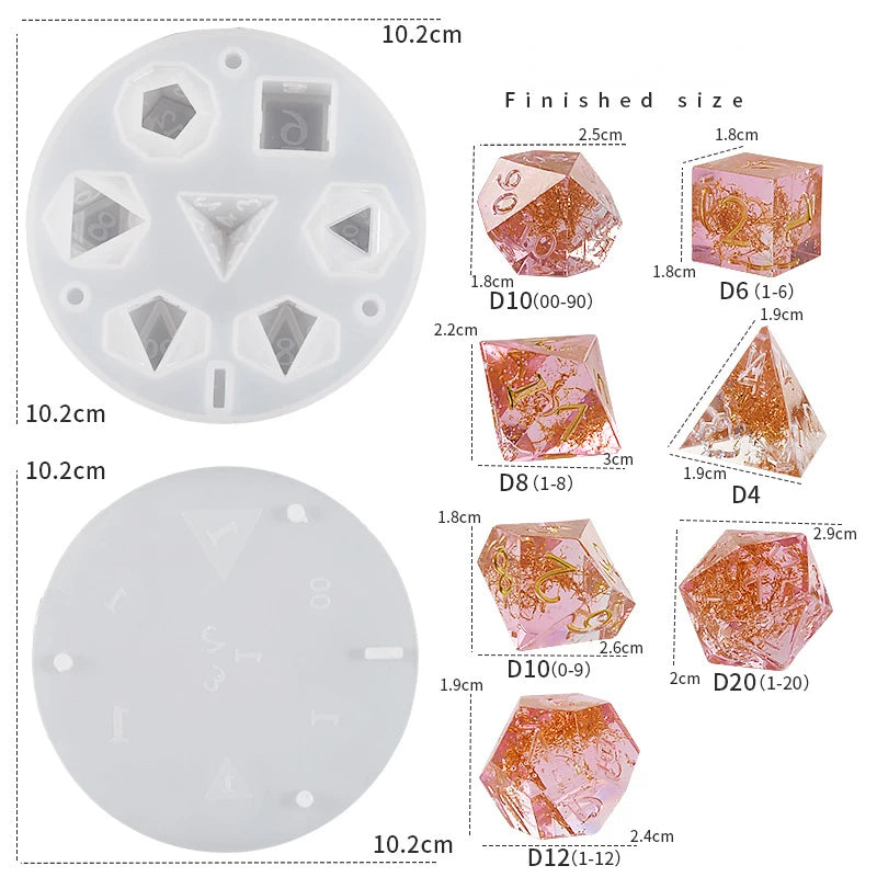 A set of silicone resin molds for custom dice boxes, showing various finished sizes and shapes like D6, D8, D10, and D20.