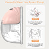 Diagram showing how to correctly wear a breast pump, including bending the nipple and positioning the unit against the breast