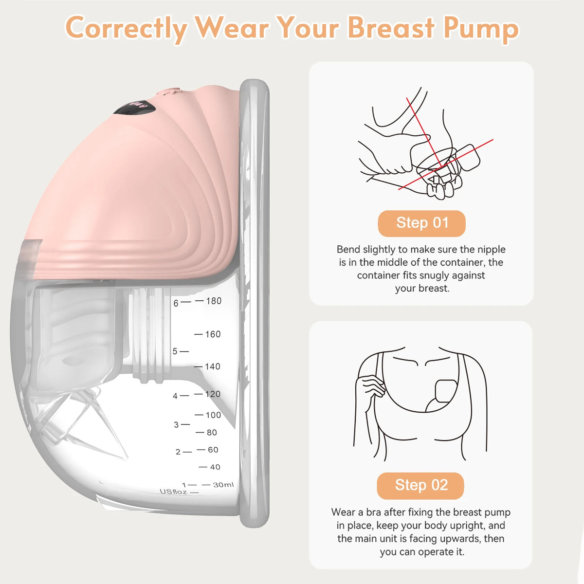 Diagram showing how to correctly wear a breast pump, including bending the nipple and positioning the unit against the breast