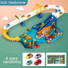 A yellow and blue dinosaur rail car adventure playset featuring a winding track, various cars, and a building area.