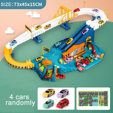 A yellow and blue dinosaur rail car adventure playset featuring a winding track, various cars, and a building area.
