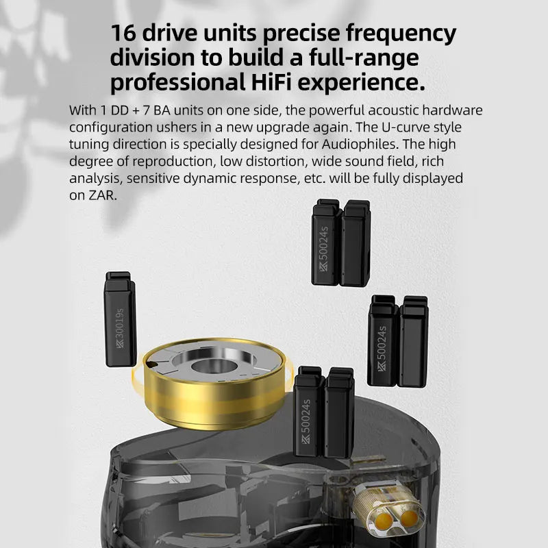 A set of KZ ZAR hybrid driver in-ear monitors and a gold-colored driver component displayed on a dark surface.