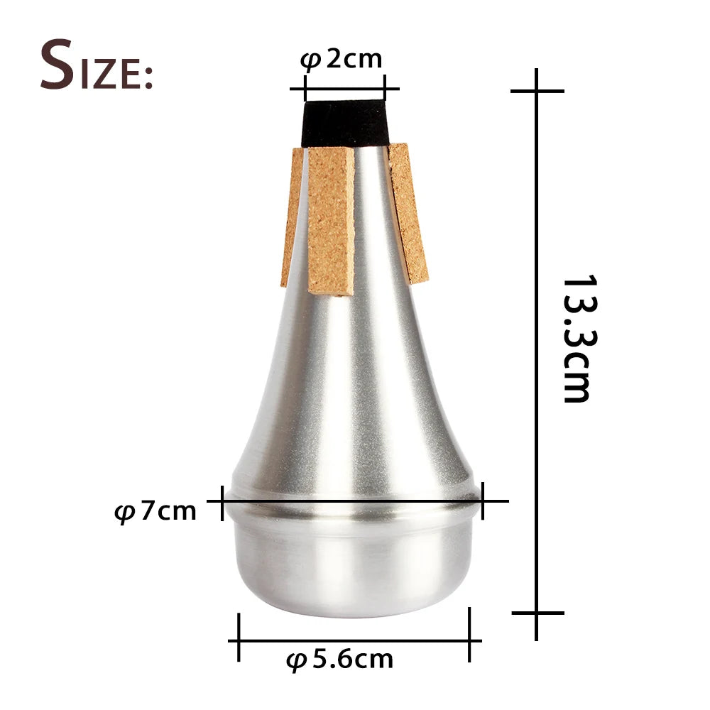 A silver trumpet practice mute with an aluminum alloy construction shown with various dimensions.