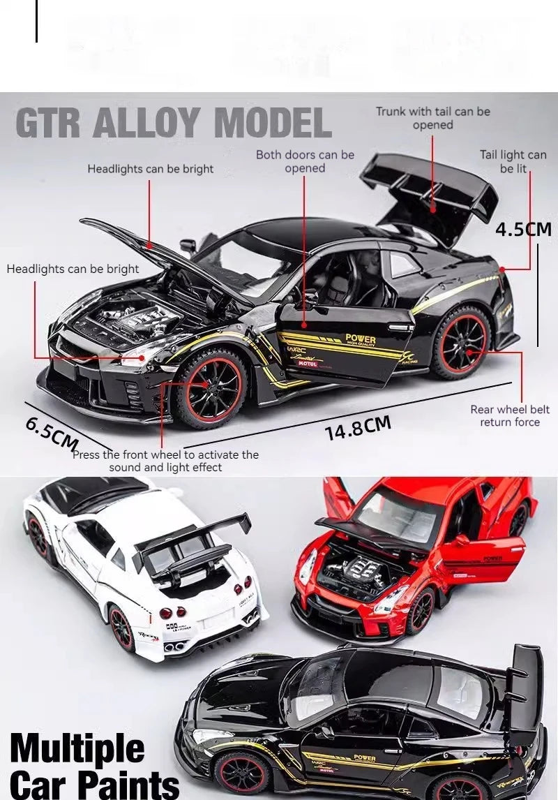 Diecast model car of the Nissan GTR Alloy Model featuring various features like lights and sound effects.