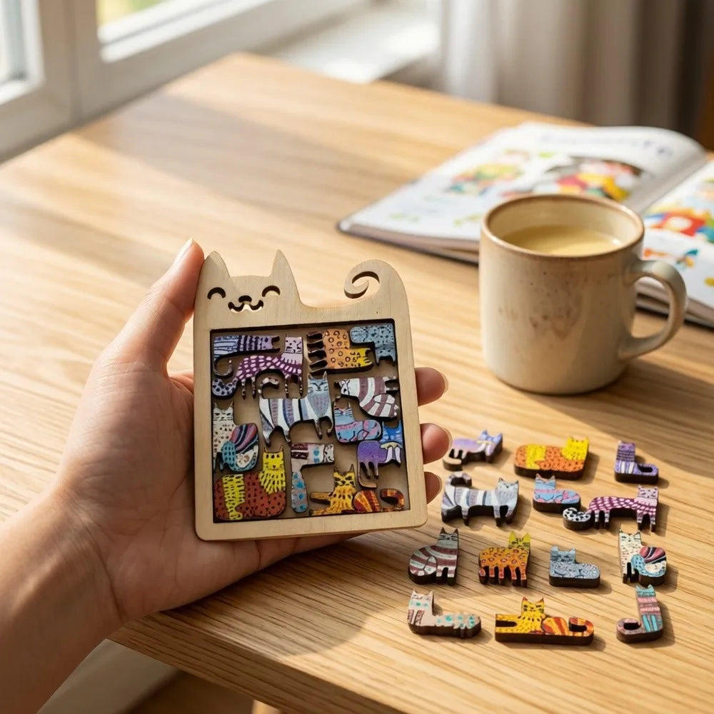 A hand holds a wooden cat-shaped puzzle featuring various animal figures on a light wooden table.