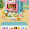 A pink and blue mini pretend play kitchen set with cooking accessories including pots, pans, and food items.