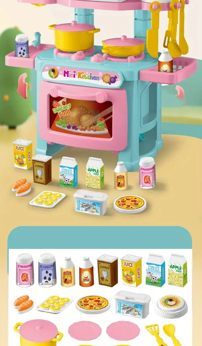 A pink and blue mini pretend play kitchen set with cooking accessories including pots, pans, and food items.
