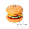 A wooden burger stacking toy set showing stacked burger components in various colors.