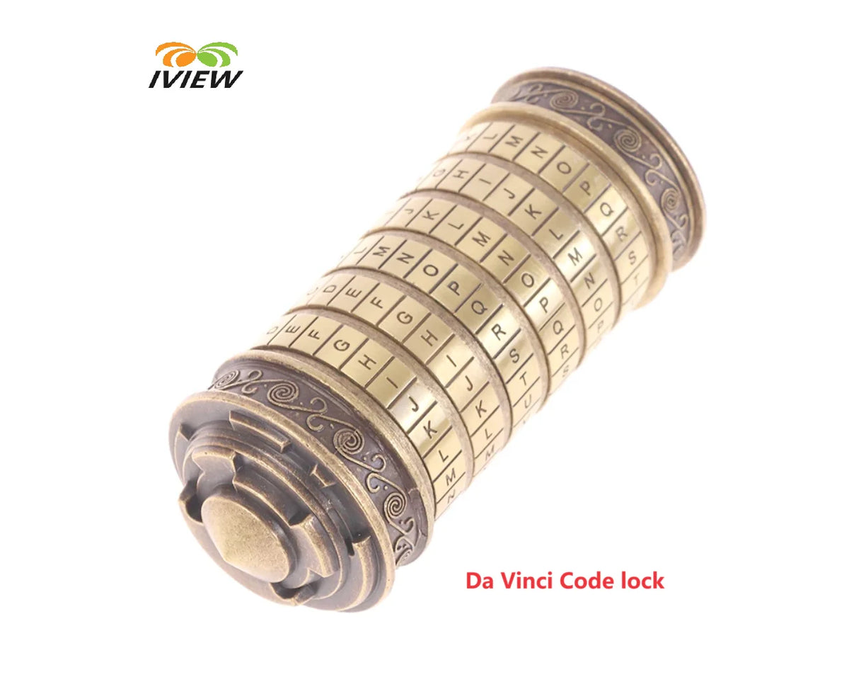 A brass Da Vinci style metal cryptex lock with rings, shown from the side.