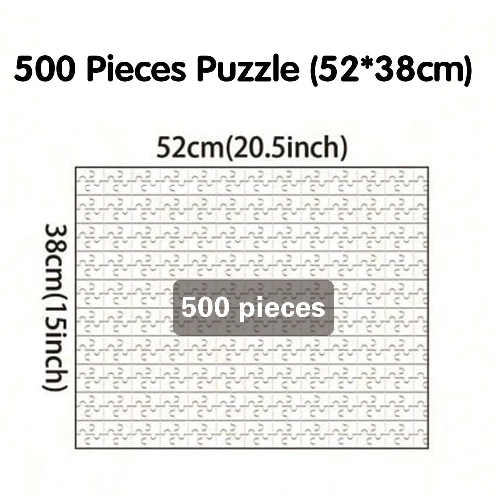 A box showing a 500 piece puzzle with dimensions of 52cm by 38cm.