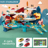 A dinosaur rail car adventure playset featuring a building and parking lot structure for cars.