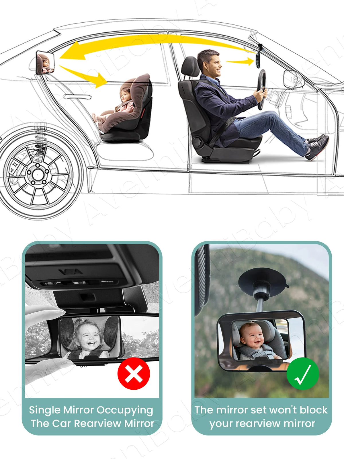 A set of two rearview mirrors designed to fit baby seats for car interior viewing.