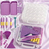 A storage box display showing diamond art tools including pens, trays, funnels, and various painting accessories.