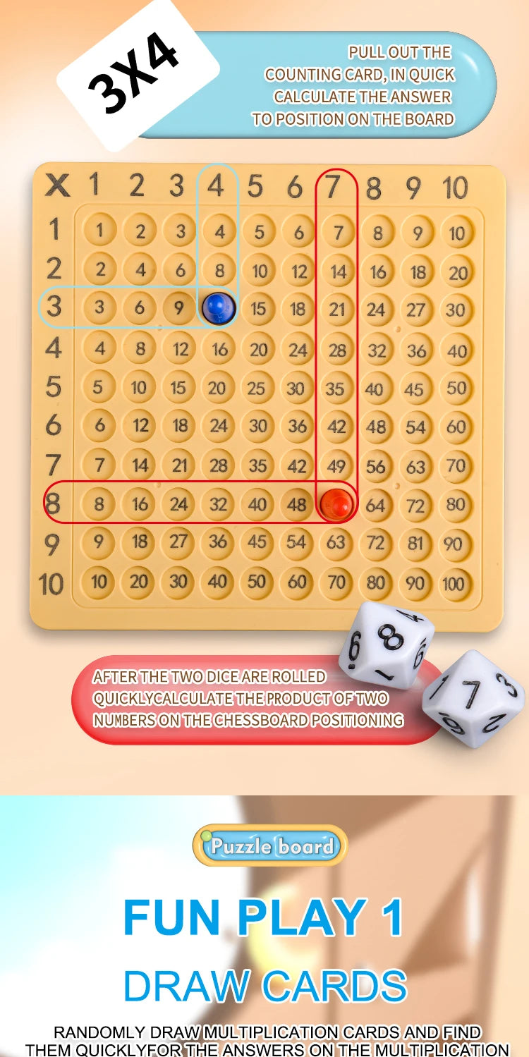 A game board with multiplication problems and cards for a fun math learning activity