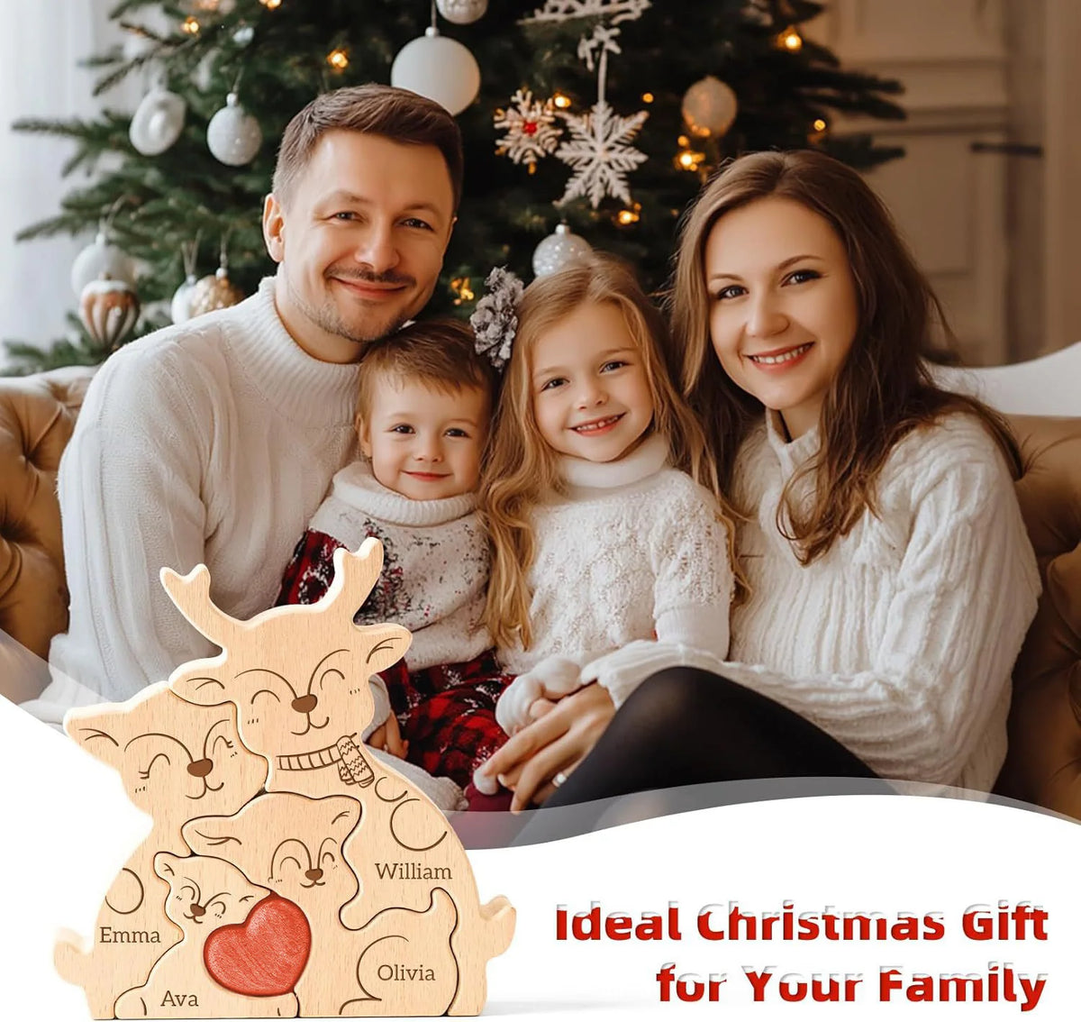 A family of three smiling in a cozy setting with a wooden elk puzzle decoration.