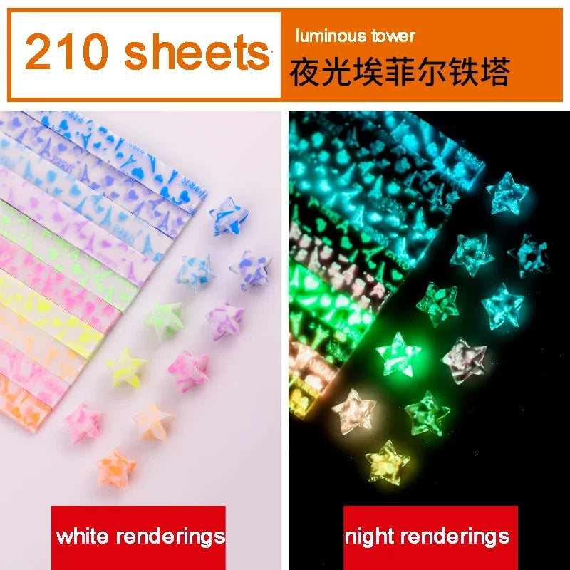 A display of 210 sheets of luminous tower star strips in various colors, shown with white and night renderings.