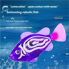 A purple swimming robotic fish with white markings floats in blue water.