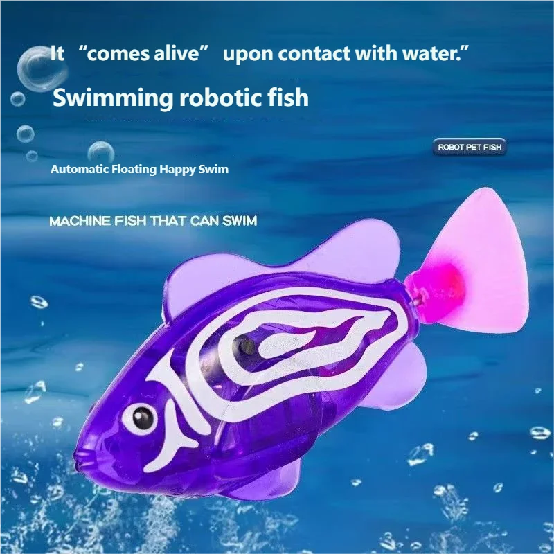 A purple swimming robotic fish with white markings floats in blue water.