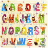A colorful wooden animal and vehicle jigsaw puzzle set featuring large letters and various animals.