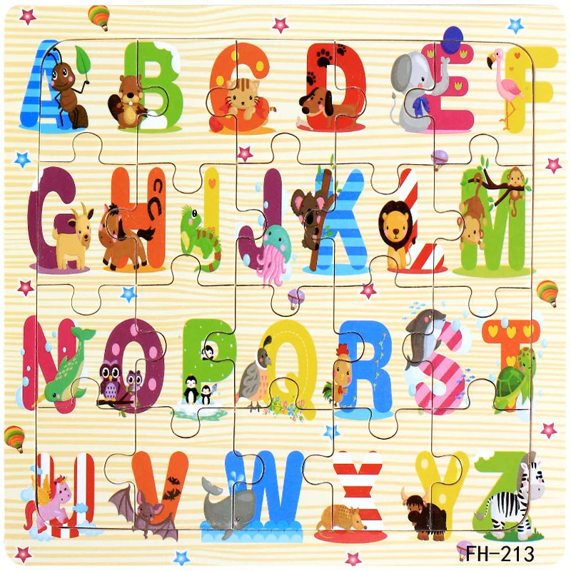 A colorful wooden animal and vehicle jigsaw puzzle set featuring large letters and various animals.