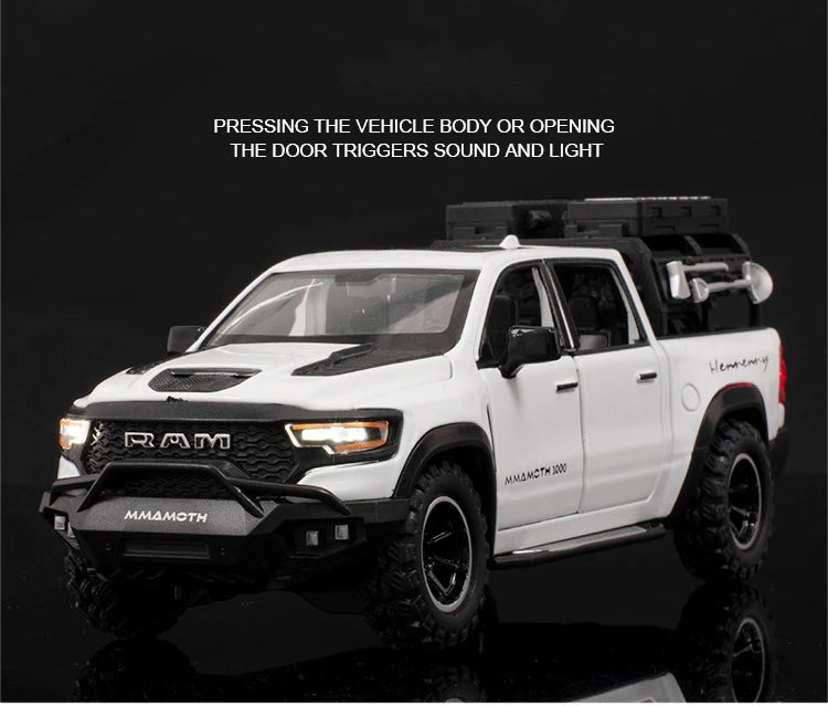 White RAM TRX diecast pickup truck model with an aftermarket front bumper and accessories.