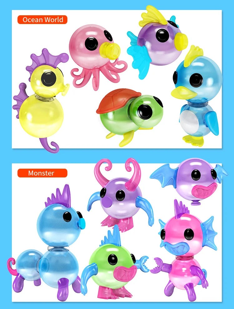 A craft kit showing various colorful plastic figures of an octopus and a monster for children