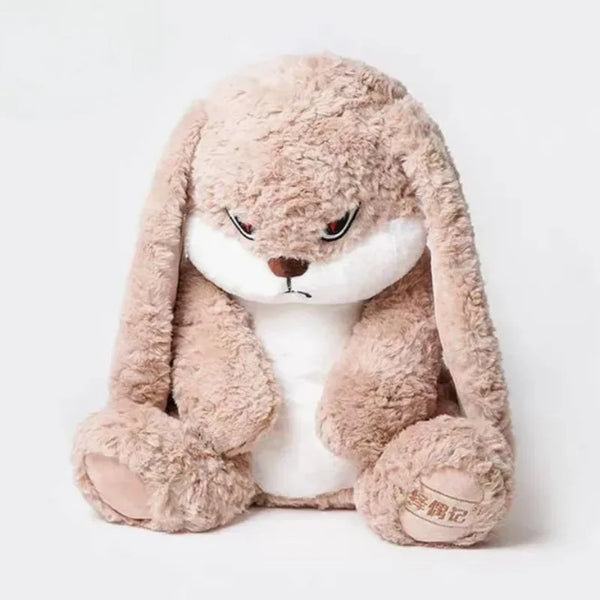 A fluffy, light brown giant angry rabbit plush toy.