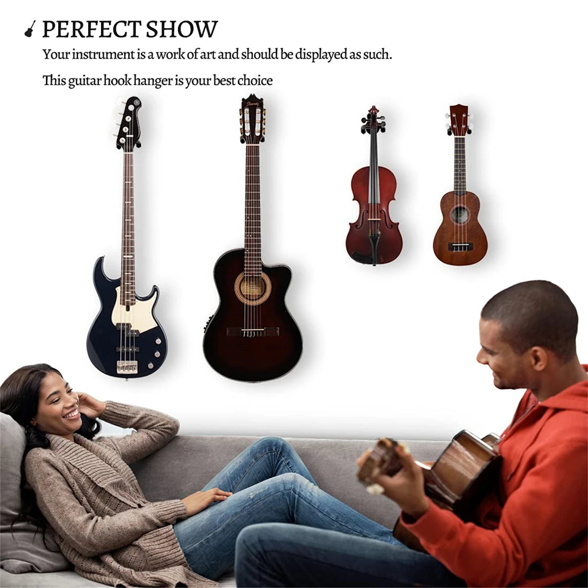 A set of guitar hooks displayed against a white wall, showing different styles of guitars.