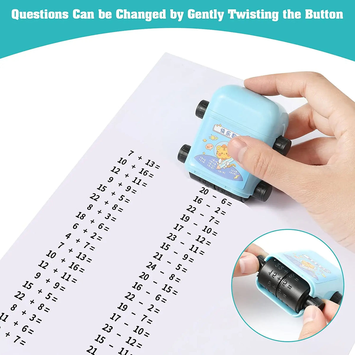A hand twists a blue math roller stamp to change addition and subtraction questions on a sheet of paper.