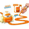 A DIY slime track car set showing an orange vehicle and a slime track being made with a syringe.