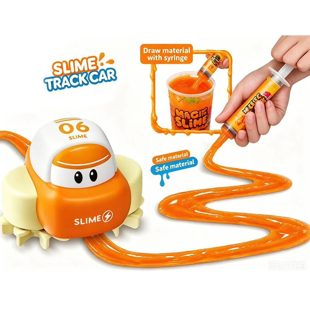 A DIY slime track car set showing an orange vehicle and a slime track being made with a syringe.