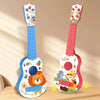 A colorful wooden ukulele toy with animal figures and musical elements is displayed on a wooden surface.