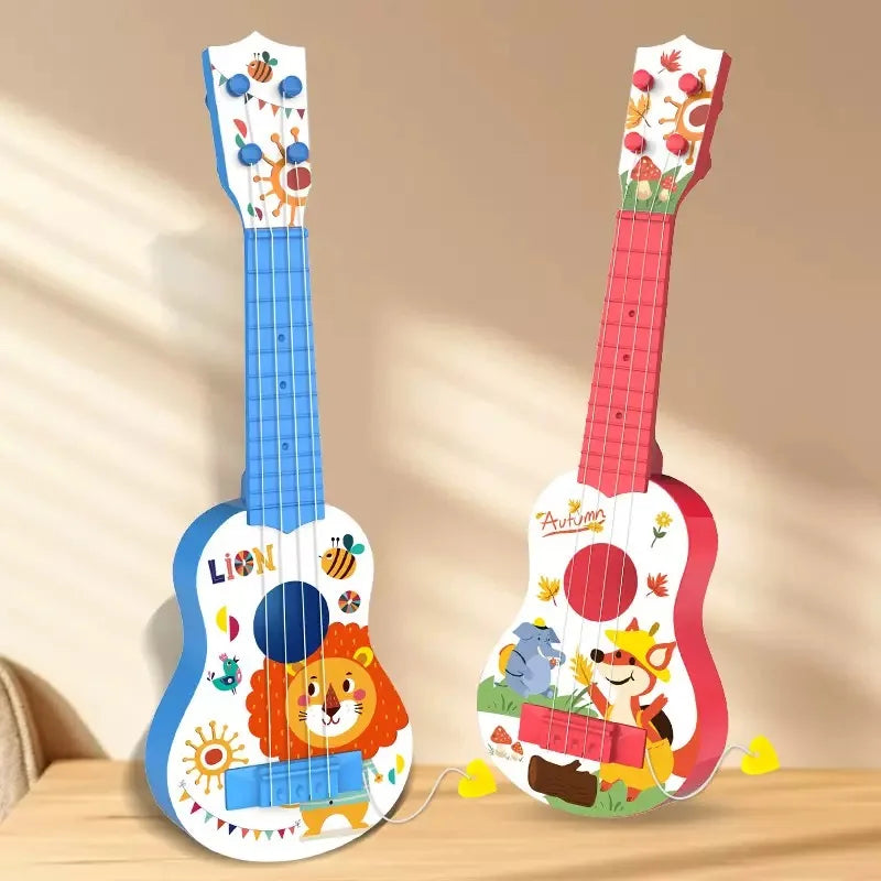 A colorful wooden ukulele toy with animal figures and musical elements is displayed on a wooden surface.