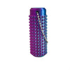 A purple spiky sensory keychain with a silver chain and a black loop.