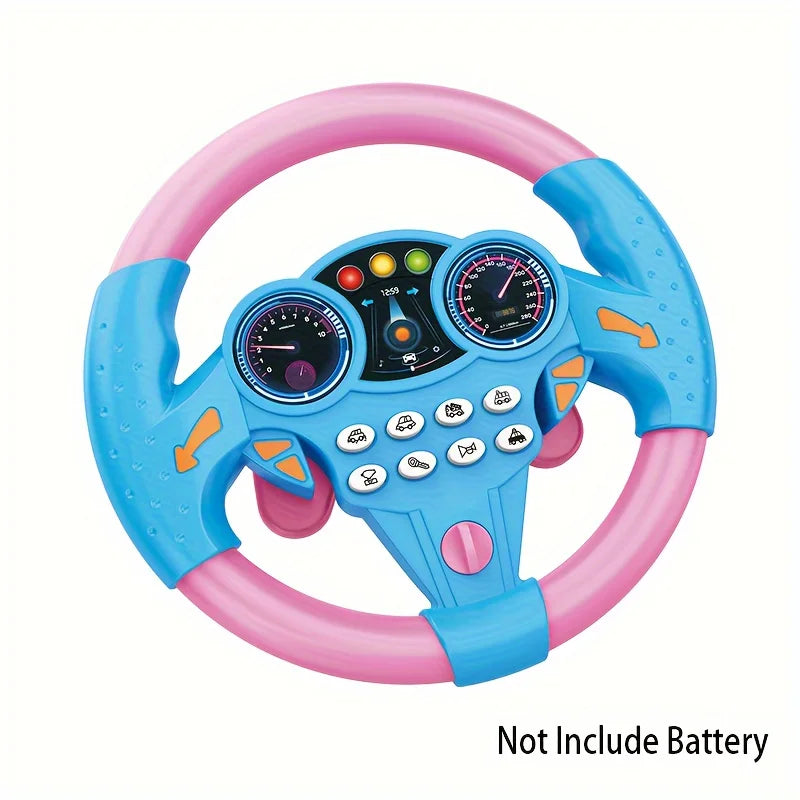 A pink and blue interactive steering wheel toy for kids with a dashboard display.