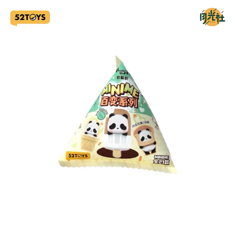 A triangular blind box packaging featuring a panda collectible figure.