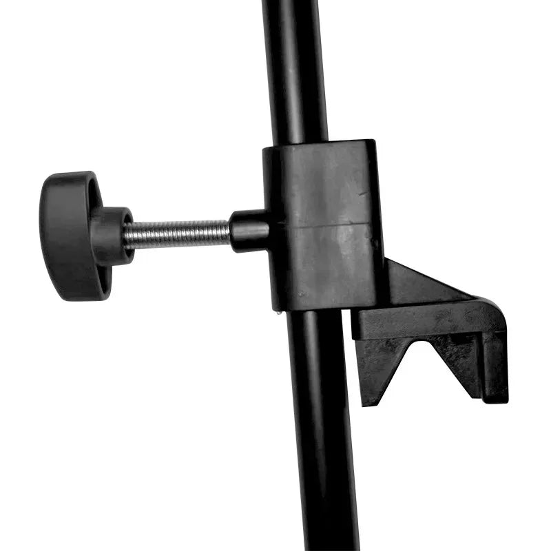 Black adjustable foldable metal easel stand with a clamp mechanism.
