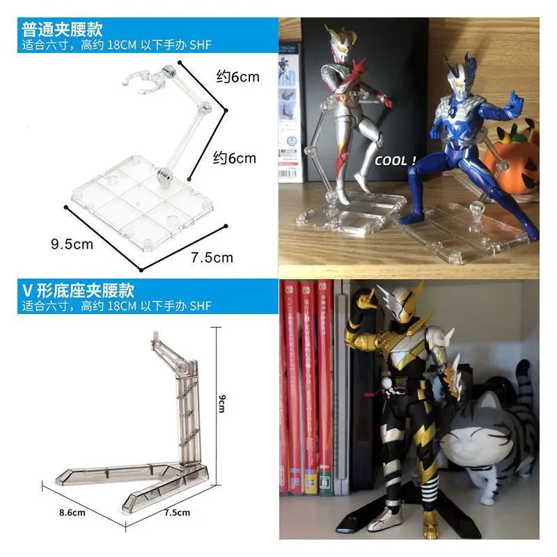 Adjustable snake bone stand for action figures and models shown with various sizes and a detailed figure.