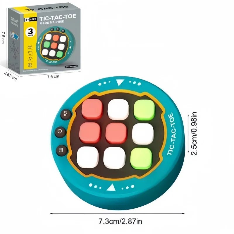 A close-up view of a Tic-Tac-Toe game machine with colored buttons and a circular design.