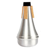 A silver aluminum alloy trumpet practice mute with a black cap and natural cork-like material covering the mouthpiece.