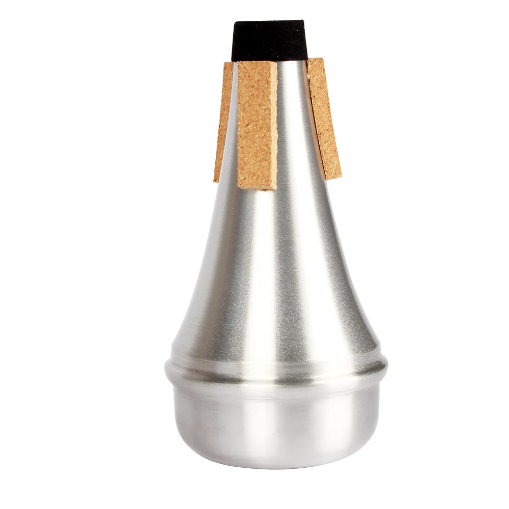 A silver aluminum alloy trumpet practice mute with a black cap and natural cork-like material covering the mouthpiece.