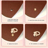 Four steps showing how to install D-shaped metal bag handles using screws on brown faux leather.