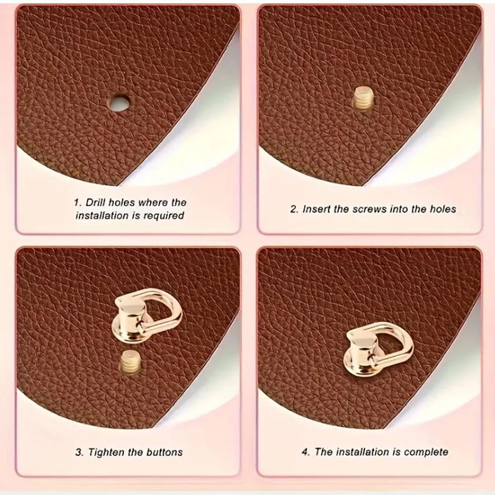 Four steps showing how to install D-shaped metal bag handles using screws on brown leather material.