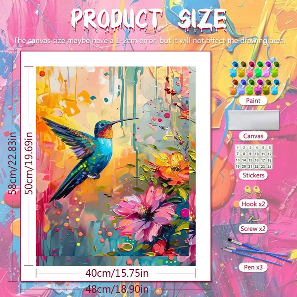 Pintura al óleo de un colibrí en colores vibrantes, obra terminada y suministros de pintura.