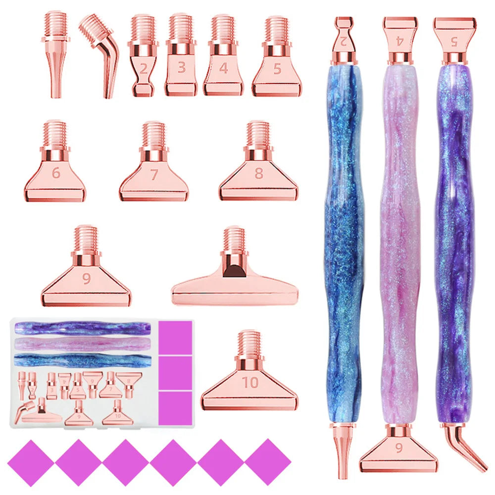 A set of 10 resin diamond painting pens with interchangeable metal tips and multi-placers shown in various colors.