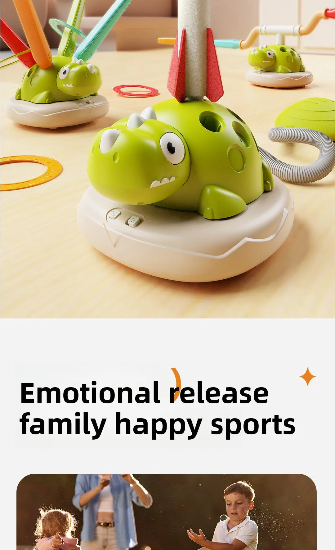 A green dinosaur toy is featured in a family happy sports set, demonstrating emotional release activities.