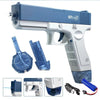 A blue and silver electric water blaster gun for kids with accessories and a spray nozzle.