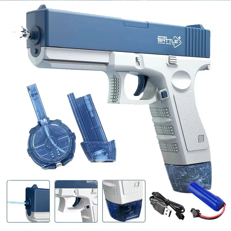 A blue and silver electric water blaster gun for kids with accessories and a spray nozzle.