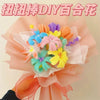 A bouquet of colorful pipe cleaners shaped like flowers, including orange, purple, yellow, and blue hues.
